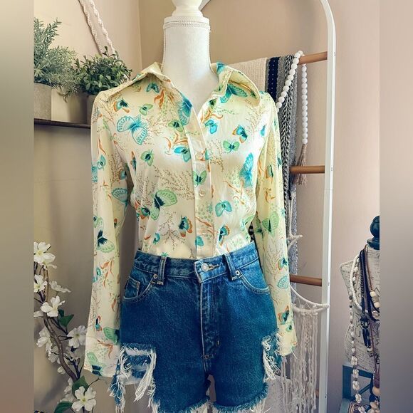 Tops - Y2K Style Retro Cottagecore Colorful Butterfly Button Up Shirt
